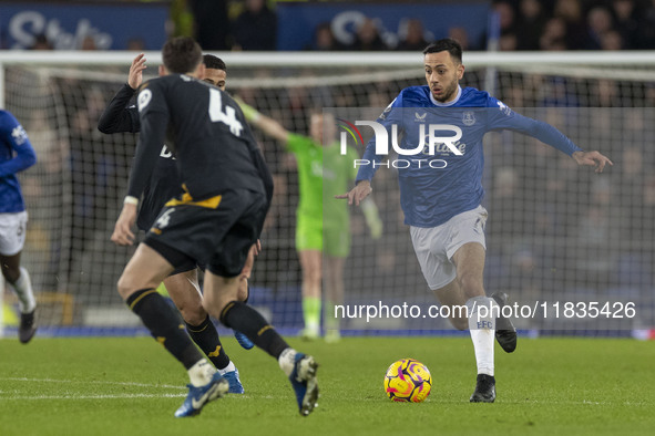 Dwight McNeil #7 of Everton F.C. is in possession of the ball during the Premier League match between Everton and Wolverhampton Wanderers at...