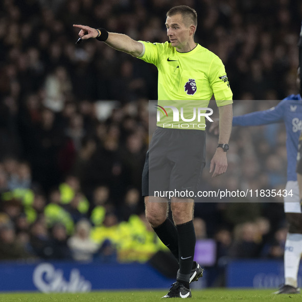 Referee Michael Salisbury officiates the Premier League match between Everton and Wolverhampton Wanderers at Goodison Park in Liverpool, Eng...