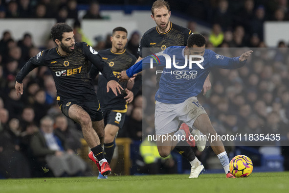 Iliman Ndiaye, number 10 of Everton F.C., is in possession of the ball during the Premier League match between Everton and Wolverhampton Wan...