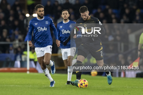 Matt Doherty #2 of Wolverhampton Wanderers F.C. is in action during the Premier League match between Everton and Wolverhampton Wanderers at...