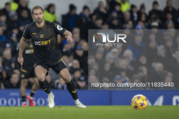 Craig Dawson #15 of Wolverhampton Wanderers F.C. is in action during the Premier League match between Everton and Wolverhampton Wanderers at...