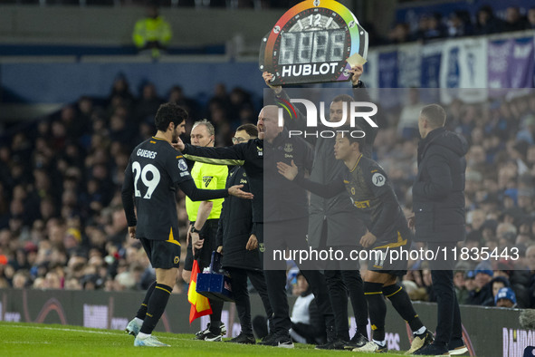 Goncalo Guedes #29 of Wolverhampton Wanderers F.C. is substituted by Hwang Hee-chan #11 of Wolverhampton Wanderers F.C. during the Premier L...