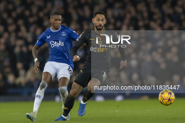 Matheus Cunha #10 of Wolverhampton Wanderers F.C. is in action during the Premier League match between Everton and Wolverhampton Wanderers a...