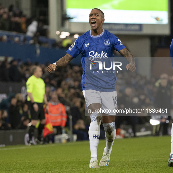 Ashley Young #18 of Everton F.C. celebrates his goal during the Premier League match between Everton and Wolverhampton Wanderers at Goodison...