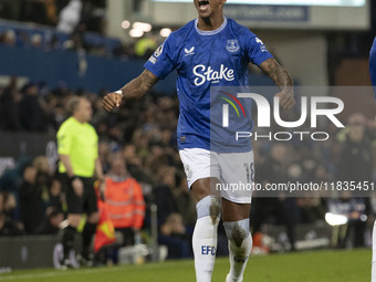 Ashley Young #18 of Everton F.C. celebrates his goal during the Premier League match between Everton and Wolverhampton Wanderers at Goodison...