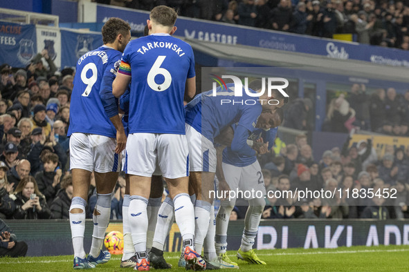 Ashley Young #18 of Everton F.C. celebrates his goal during the Premier League match between Everton and Wolverhampton Wanderers at Goodison...