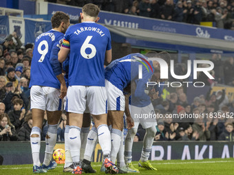 Ashley Young #18 of Everton F.C. celebrates his goal during the Premier League match between Everton and Wolverhampton Wanderers at Goodison...