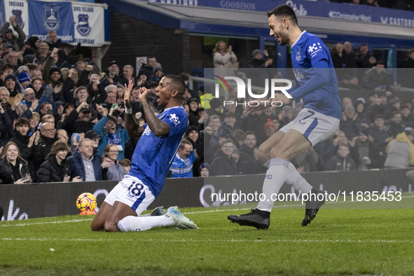 Ashley Young #18 of Everton F.C. celebrates his goal during the Premier League match between Everton and Wolverhampton Wanderers at Goodison...