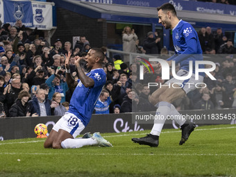 Ashley Young #18 of Everton F.C. celebrates his goal during the Premier League match between Everton and Wolverhampton Wanderers at Goodison...