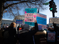 Demonstrators support gender-affirming care for transgender children outside the Supreme Court in Washington, DC, on December 4, 2024.  The...