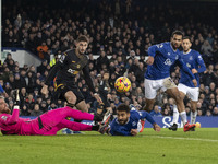 Iliman Ndiaye, number 10 of Everton F.C., takes a shot at goal during the Premier League match between Everton and Wolverhampton Wanderers a...