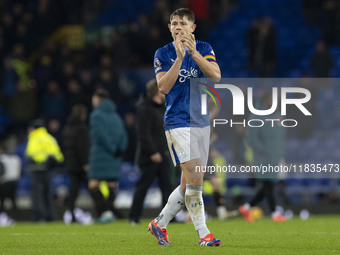 Dwight McNeil #7 of Everton F.C. applauds at full time during the Premier League match between Everton and Wolverhampton Wanderers at Goodis...