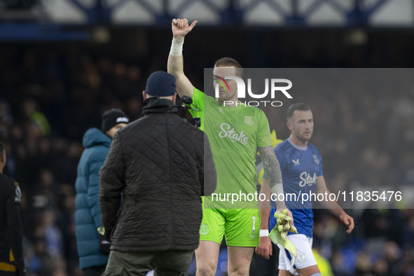 Jordan Pickford #1 (GK) of Everton F.C. stands at full time during the Premier League match between Everton and Wolverhampton Wanderers at G...