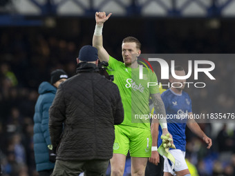 Jordan Pickford #1 (GK) of Everton F.C. stands at full time during the Premier League match between Everton and Wolverhampton Wanderers at G...