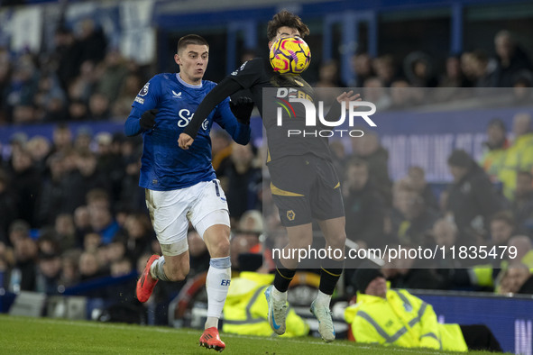 Vitaliy Mykolenko #19 of Everton F.C. challenges the opponent during the Premier League match between Everton and Wolverhampton Wanderers at...