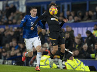 Vitaliy Mykolenko #19 of Everton F.C. challenges the opponent during the Premier League match between Everton and Wolverhampton Wanderers at...