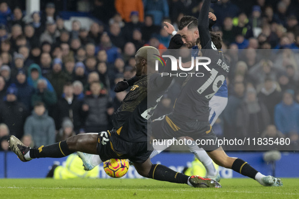 Rodrigo Gomes #19 of Wolverhampton Wanderers F.C. blocks the shot during the Premier League match between Everton and Wolverhampton Wanderer...