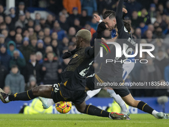 Rodrigo Gomes #19 of Wolverhampton Wanderers F.C. blocks the shot during the Premier League match between Everton and Wolverhampton Wanderer...