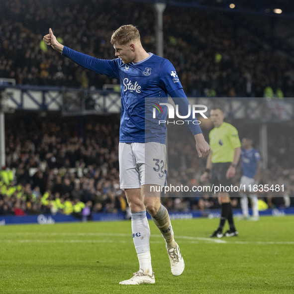 Jarrad Branthwaite #32 of Everton F.C. plays during the Premier League match between Everton and Wolverhampton Wanderers at Goodison Park in...