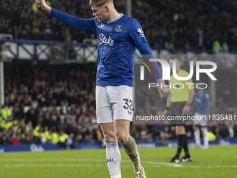 Jarrad Branthwaite #32 of Everton F.C. plays during the Premier League match between Everton and Wolverhampton Wanderers at Goodison Park in...