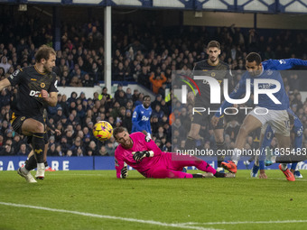 Iliman Ndiaye, number 10 of Everton F.C., takes a shot at goal during the Premier League match between Everton and Wolverhampton Wanderers a...