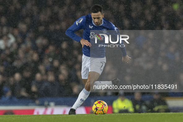 Dwight McNeil #7 of Everton F.C. is in action during the Premier League match between Everton and Wolverhampton Wanderers at Goodison Park i...