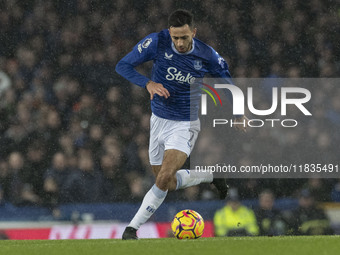 Dwight McNeil #7 of Everton F.C. is in action during the Premier League match between Everton and Wolverhampton Wanderers at Goodison Park i...