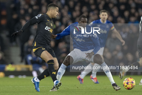 Abdoulaye Doucoure #16 of Everton F.C. is in action during the Premier League match between Everton and Wolverhampton Wanderers at Goodison...