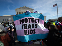 People demonstrate for gender-affirming care for transgender children in Washington, DC, on December 4, 2024.  The Court is hearing oral arg...