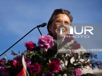 Actor Annette Bening speaks at a demonstration outside the Supreme Court in support of gender-affirming care for transgender children in Was...