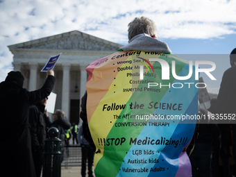 Sherrie Taha demonstrates against gender-affirming care for transgender children outside the Supreme Court in Washington, DC, on December 4,...