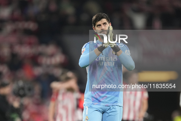 Thibaut Courtois goalkeeper of Real Madrid and Belgium greets after the La Liga match between Athletic Club and Real Madrid CF at Estadio de...