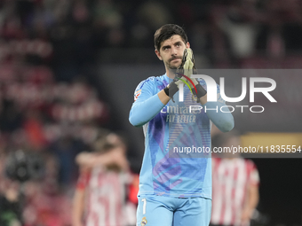 Thibaut Courtois goalkeeper of Real Madrid and Belgium greets after the La Liga match between Athletic Club and Real Madrid CF at Estadio de...