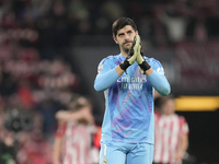 Thibaut Courtois goalkeeper of Real Madrid and Belgium greets after the La Liga match between Athletic Club and Real Madrid CF at Estadio de...