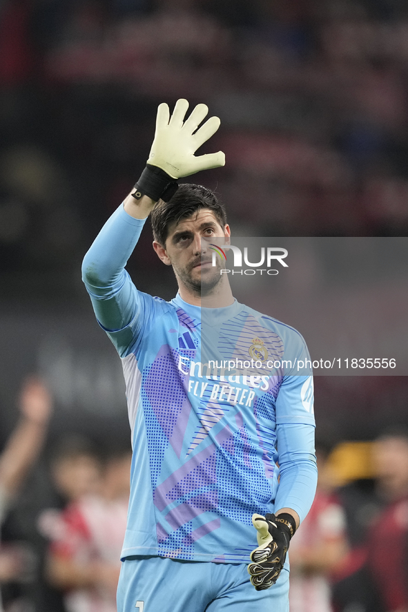 Thibaut Courtois goalkeeper of Real Madrid and Belgium greets after the La Liga match between Athletic Club and Real Madrid CF at Estadio de...