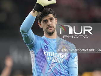 Thibaut Courtois goalkeeper of Real Madrid and Belgium greets after the La Liga match between Athletic Club and Real Madrid CF at Estadio de...