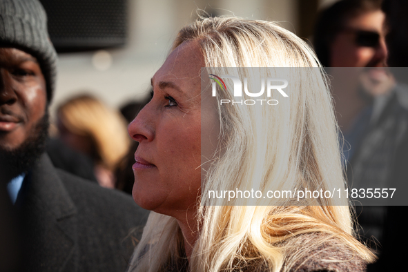 Rep. Marjorie Taylor Greene (R-GA) attends a demonstration supporting Tennessee's ban on transgender care for minors outside the Supreme Cou...