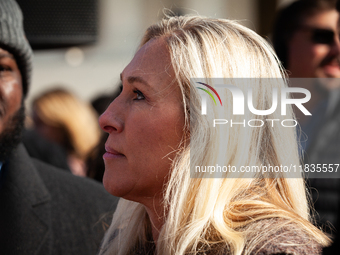 Rep. Marjorie Taylor Greene (R-GA) attends a demonstration supporting Tennessee's ban on transgender care for minors outside the Supreme Cou...