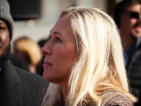 Rep. Marjorie Taylor Greene (R-GA) attends a demonstration supporting Tennessee's ban on transgender care for minors outside the Supreme Cou...