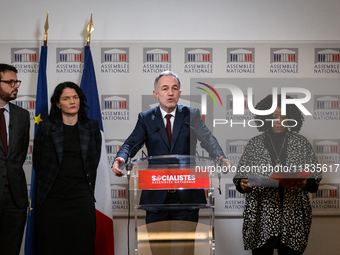 Emmanuel Gregoire, deputy of Socialistes et Apparentes, speaks during the press conference of the Socialistes et Apparentes group, accompani...