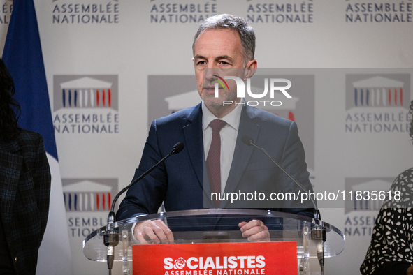 Emmanuel Gregoire, deputy of Socialistes et Apparentes, speaks during the press conference of the Socialistes et Apparentes group in the pre...