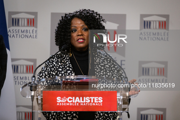 Beatrice Bellay, deputy of Socialistes et Apparentes, speaks during the press conference of the Socialistes et Apparentes group in the press...