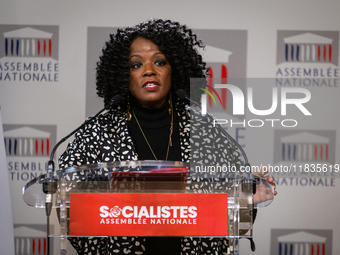 Beatrice Bellay, deputy of Socialistes et Apparentes, speaks during the press conference of the Socialistes et Apparentes group in the press...