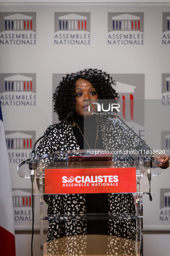 Beatrice Bellay, deputy of Socialistes et Apparentes, speaks during the press conference of the Socialistes et Apparentes group in the press...