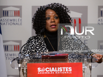 Beatrice Bellay, deputy of Socialistes et Apparentes, speaks during the press conference of the Socialistes et Apparentes group in the press...