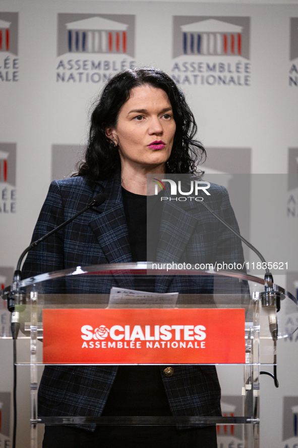 Melanie Thomin, deputy of Socialistes et Apparentes, speaks during the press conference of the Socialistes et Apparentes group in the press...