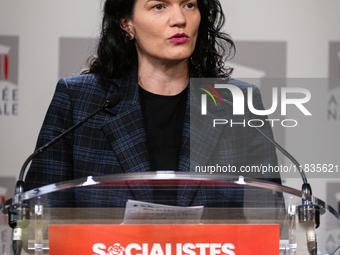 Melanie Thomin, deputy of Socialistes et Apparentes, speaks during the press conference of the Socialistes et Apparentes group in the press...