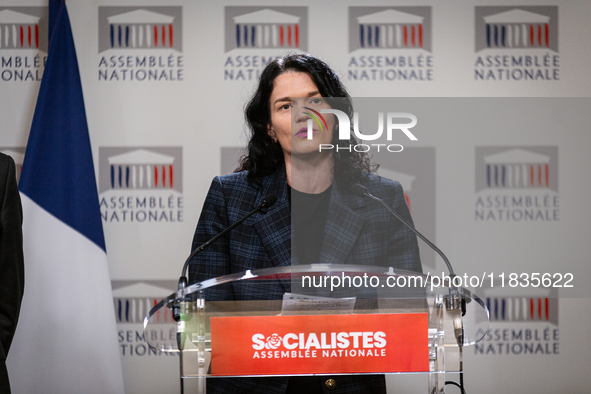 Melanie Thomin, deputy of Socialistes et Apparentes, speaks during the press conference of the Socialistes et Apparentes group in the press...