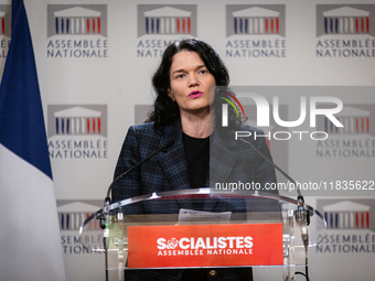 Melanie Thomin, deputy of Socialistes et Apparentes, speaks during the press conference of the Socialistes et Apparentes group in the press...