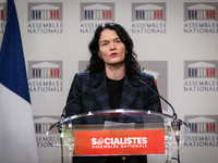 Melanie Thomin, deputy of Socialistes et Apparentes, speaks during the press conference of the Socialistes et Apparentes group in the press...